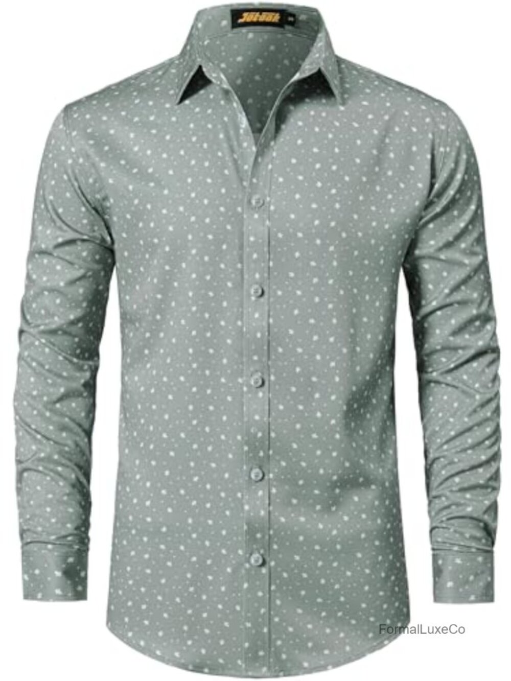 Mens Long Sleeve Polka Dot Button Down Dress Shirt Slim Fit Stretch